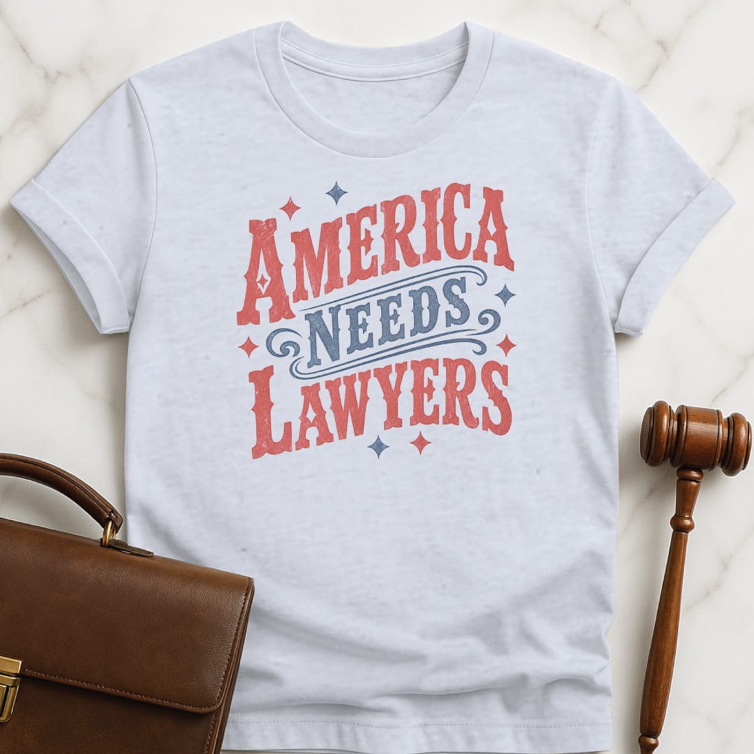 fun attorney graphic tee that says America needs lawyers featuring red and blue western font and stars in grey
