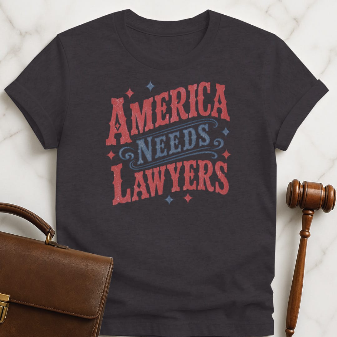 cool law school t-shirt that says America needs lawyers featuring red and blue western font and stars in black