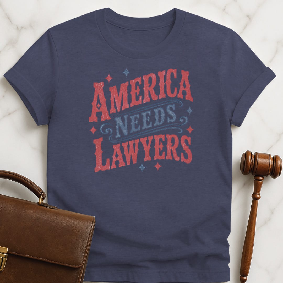 cool new lawyer graphic t-shirt that says America needs lawyers featuring red and blue western font and stars in heather blue