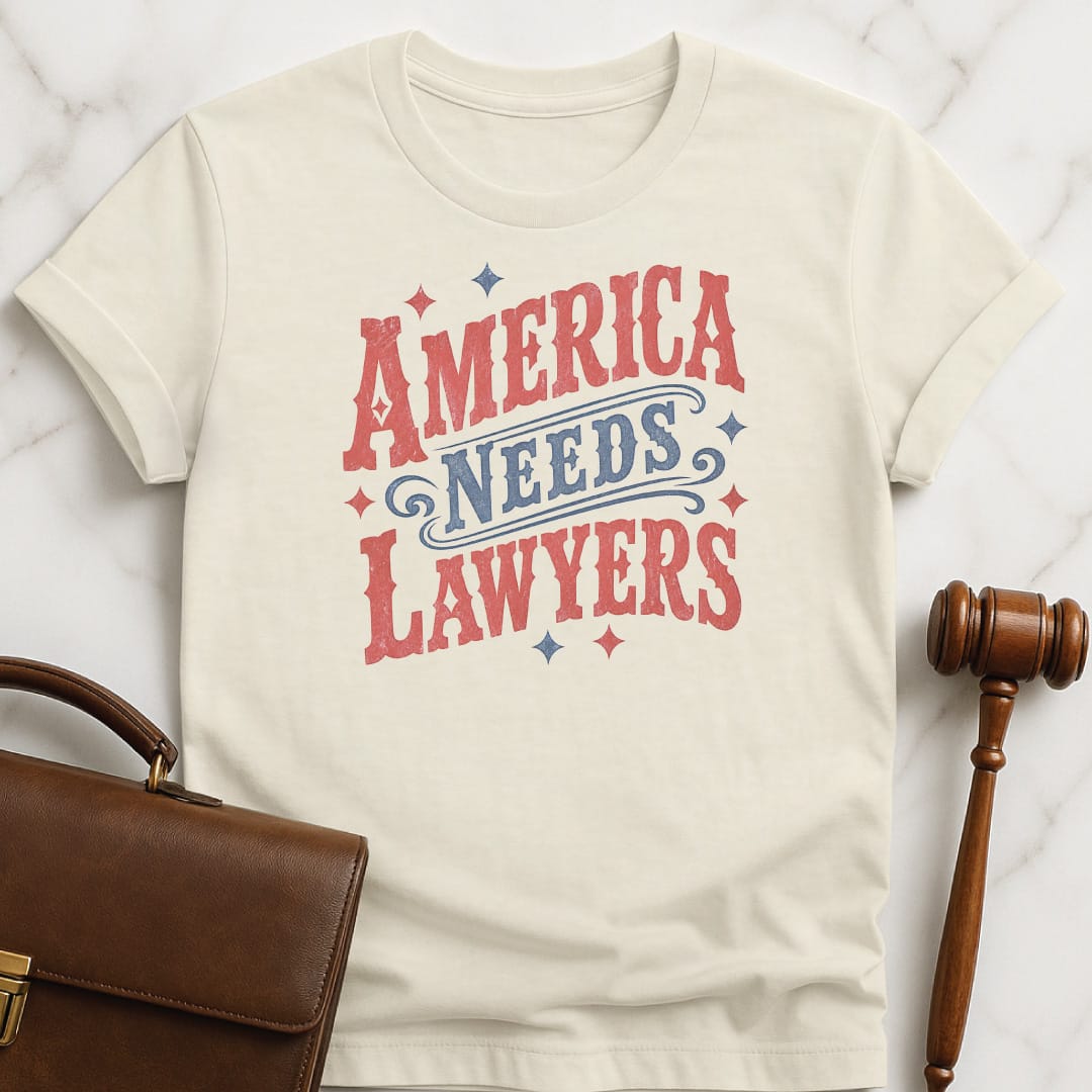 fun new attorney graphic t shirt that says America needs lawyers featuring red and blue western font and stars in cream