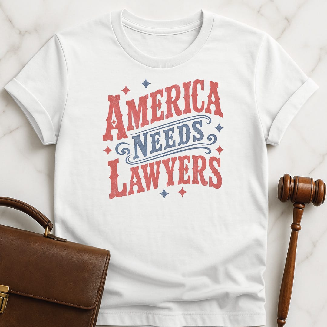 cool lawyer graphic tshirt that says America needs lawyers featuring red and blue western font and stars in white