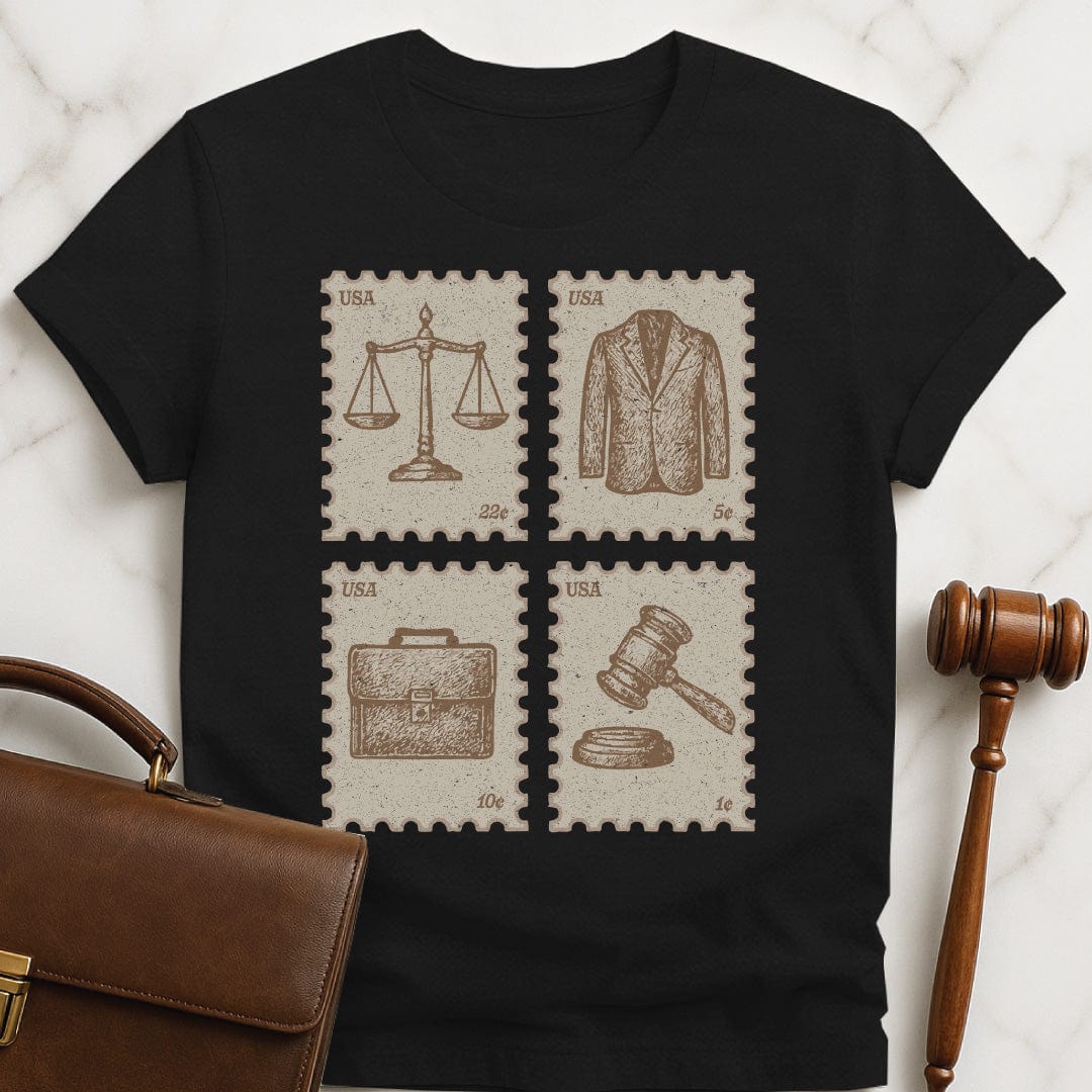 cute law school graphic t shirt featuring antique vintage style stamps of brief case scales of justice gavel and a suit jacket in black