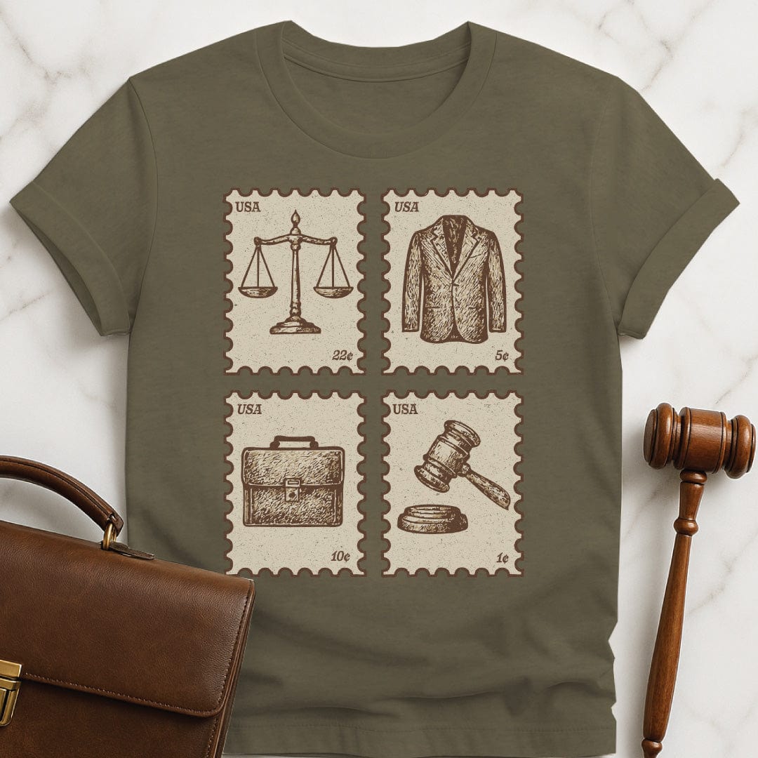 cool law graduate graphic tshirt featuring antique vintage style stamps of brief case scales of justice gavel and a suit jacket in heather green