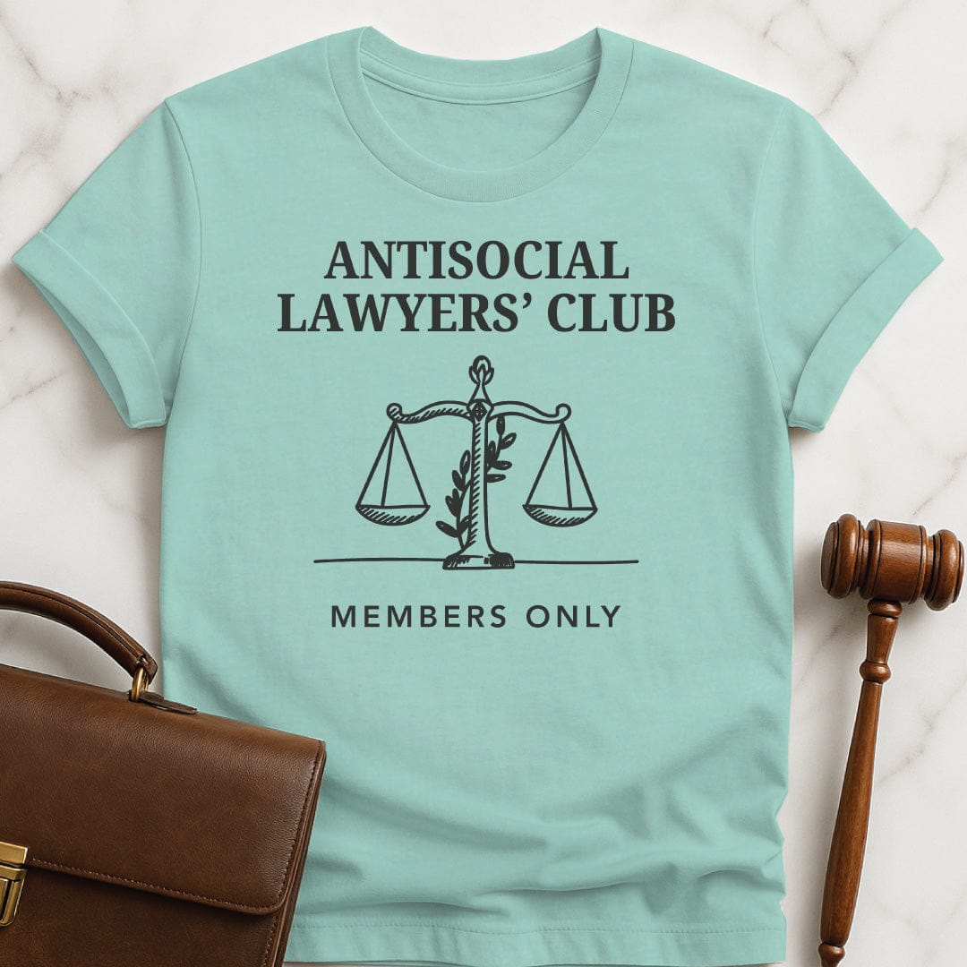 cute law school grad graphic tshirt that says Antisocial lawyers club members only featuring scales of justice in heather green