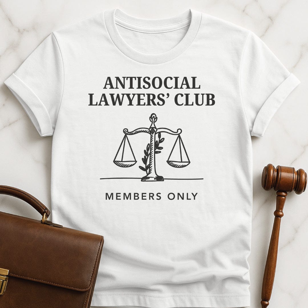 cute law graduate t-shirt that says Antisocial lawyers club members only featuring scales of justice in white
