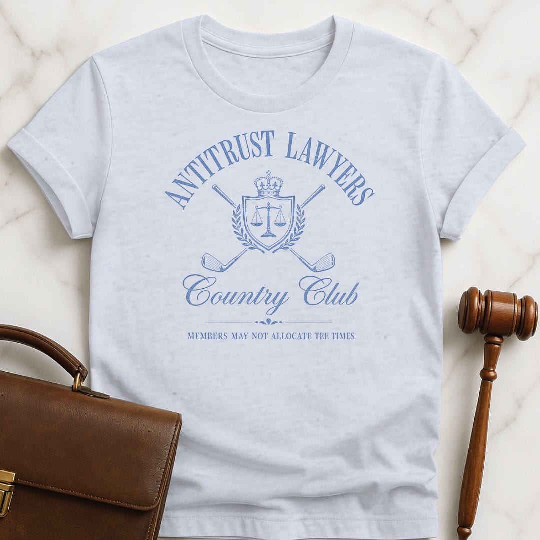 cool law student graphic t shirt that says Antitrust lawyers country club members may not allocate tee times featuring golf clubs in a crest in grey