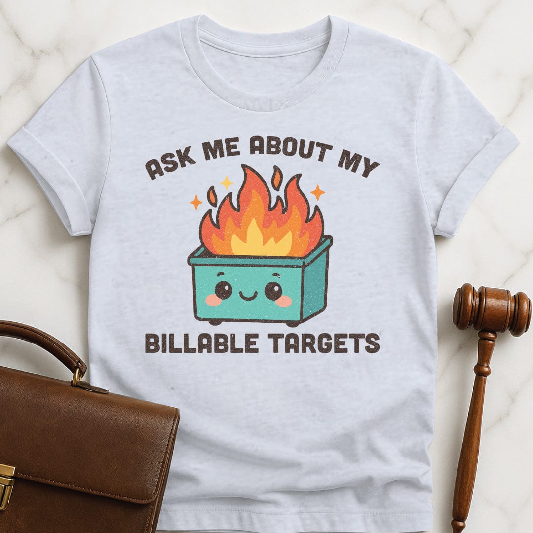 funny attorney graphic t-shirt that says ask me about my billable targets featuring a cute dumpster fire in grey