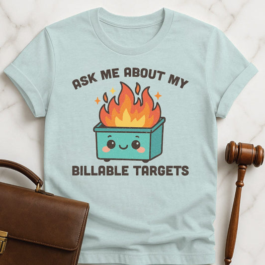 funny law school grad graphic tshirt that says ask me about my billable targets featuring a cute dumpster fire in heather blue