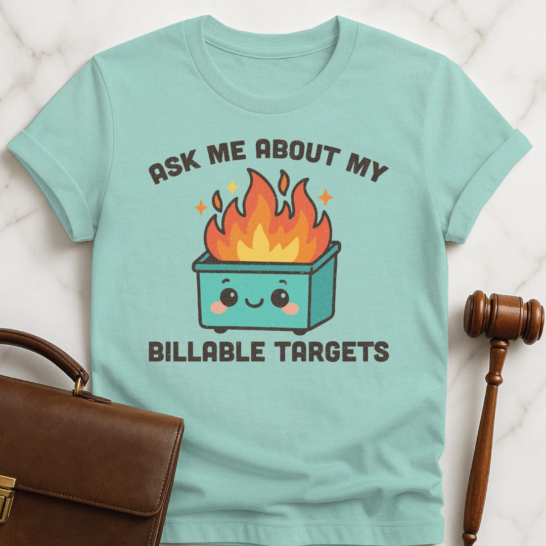 funny law school grad graphic tshirt that says ask me about my billable targets featuring a cute dumpster fire in heather green