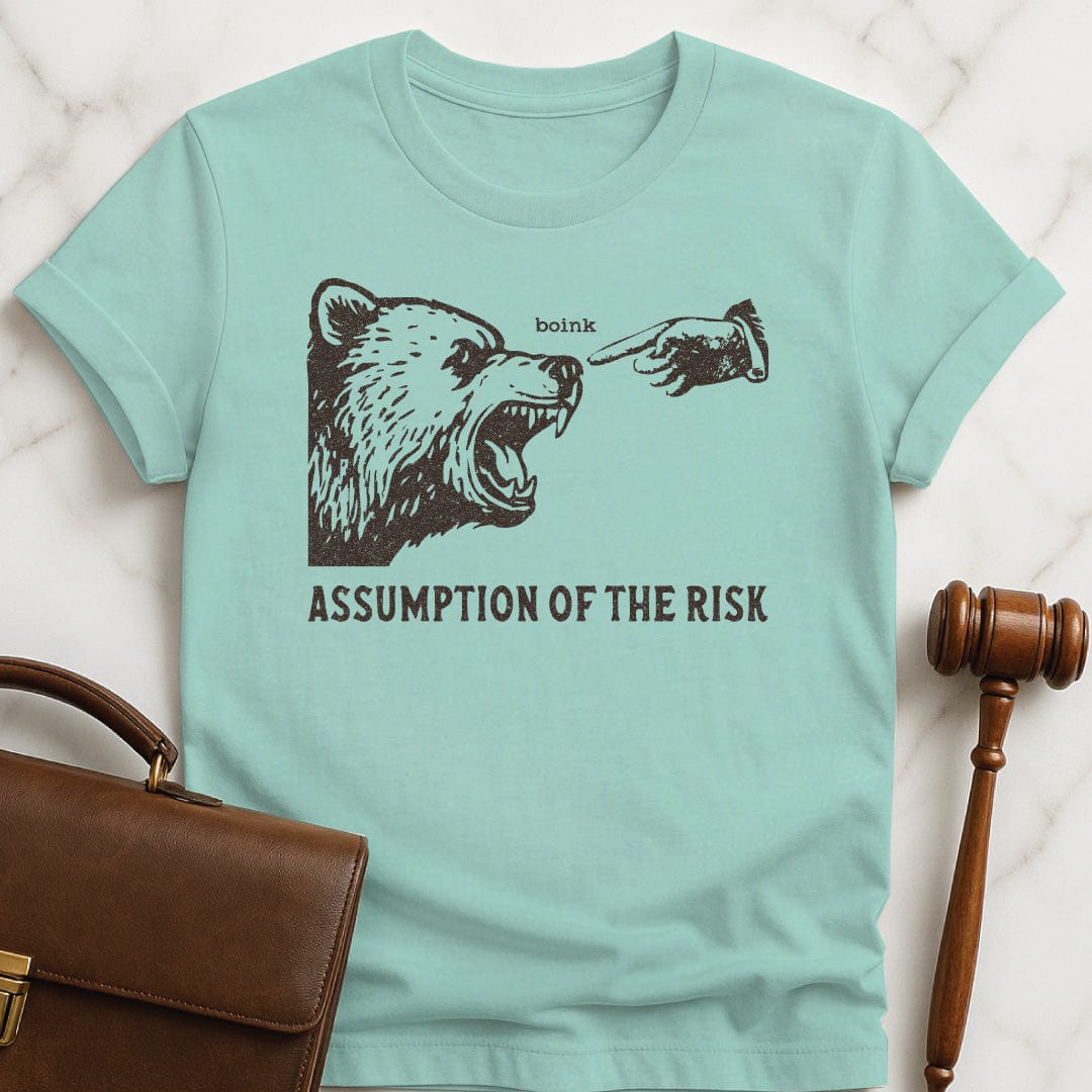 funny new attorney graphic tshirt that says Assumption of the risk featuring a hand about to tap a growling bear on the nose and the text boink in heather green