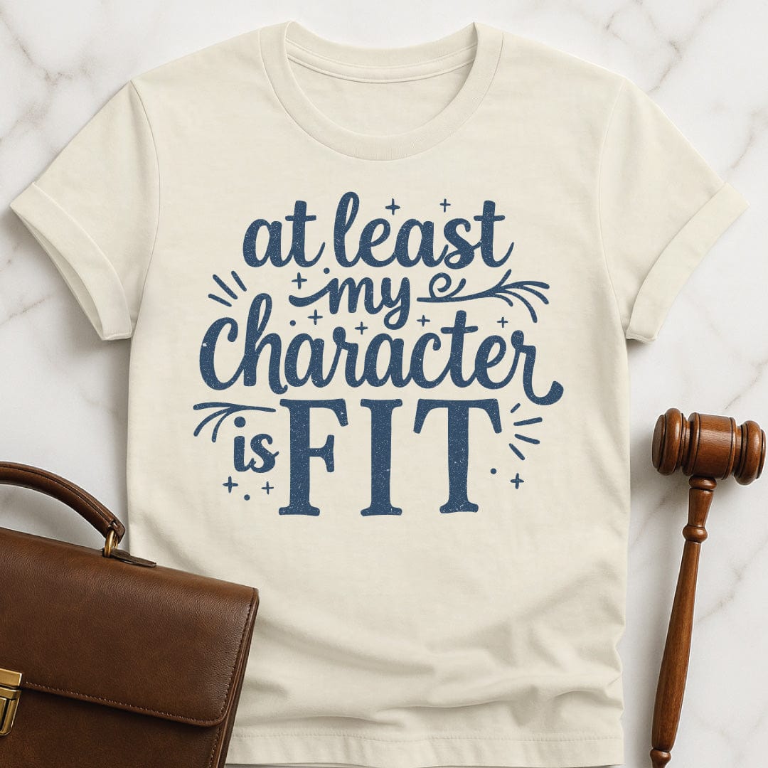 funny law graduate graphic tshirt that says at least my character is fit in cream