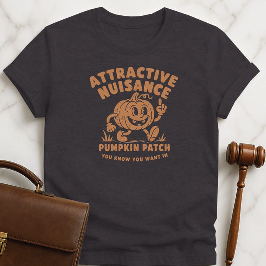 halloween law school grad tshirt that says attractive nuisance pumpkin patch you know you want in featuring jackolantern with arms and legs in black