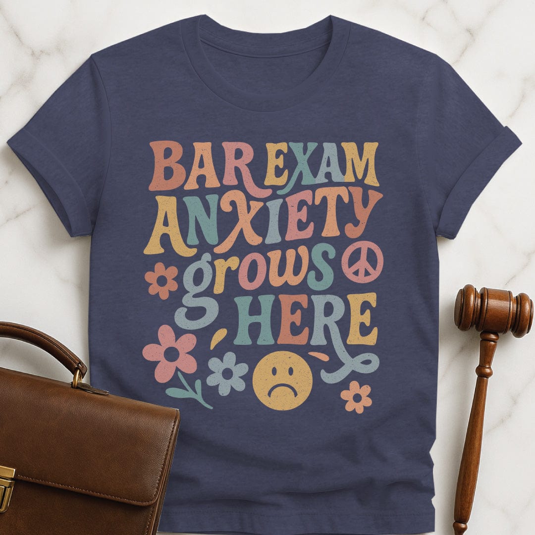 cute new attorney graphic t-shirt that says bar exam anxiety grows here featuring flowers and peace signs in heather blue