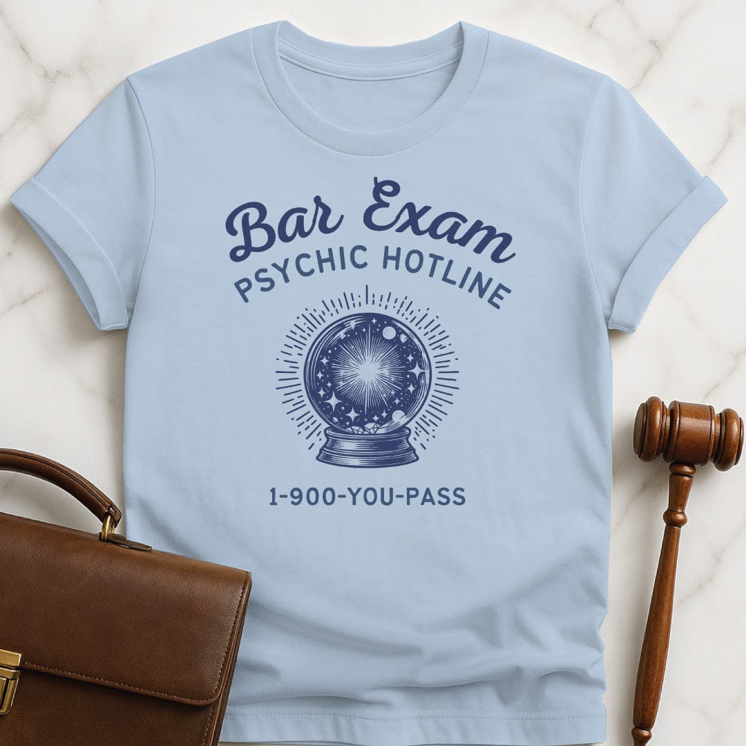 funny attorney graphic tshirt that says Bar Exam Psychic Hotline 1 900 You Pass featuring crystal ball in blue