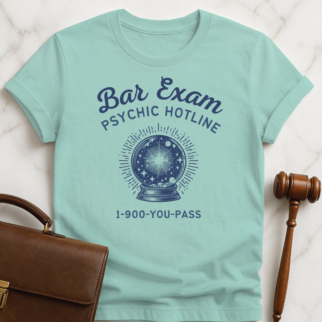 funny law school grad graphic tshirt that says Bar Exam Psychic Hotline 1 900 You Pass featuring crystal ball in heather green