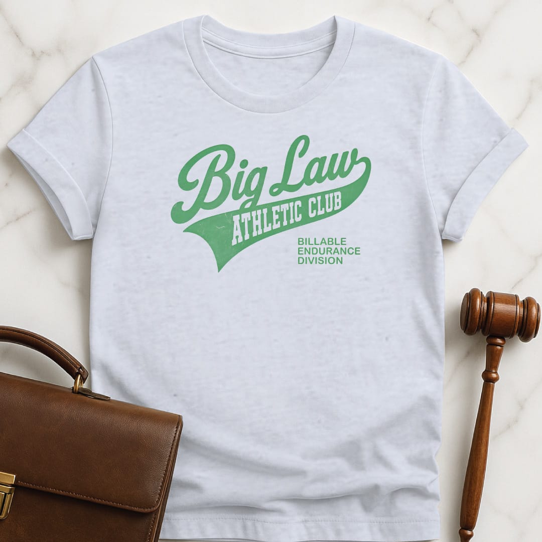 cool attorney tee that says Big Law Athletics Billable Endurance Division featuring athletic font in grey