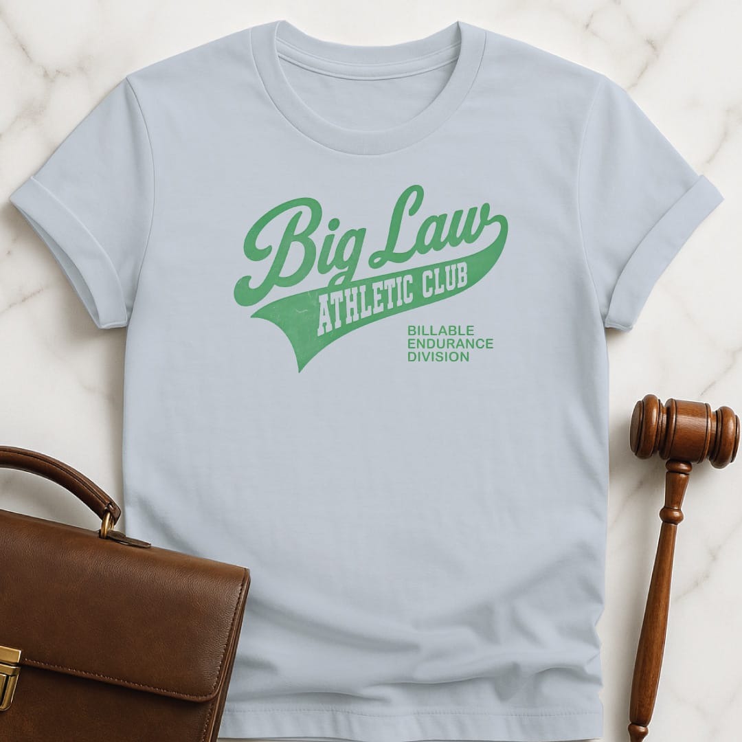 cool law graduate graphic tee that says Big Law Athletics Billable Endurance Division featuring athletic font in blue