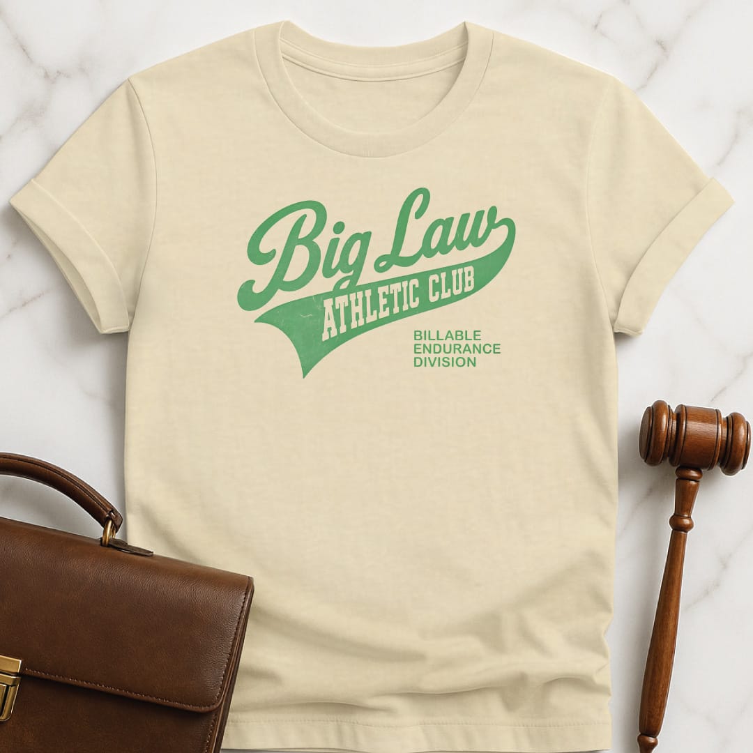 cool new attorney t shirt that says Big Law Athletics Billable Endurance Division featuring athletic font in cream