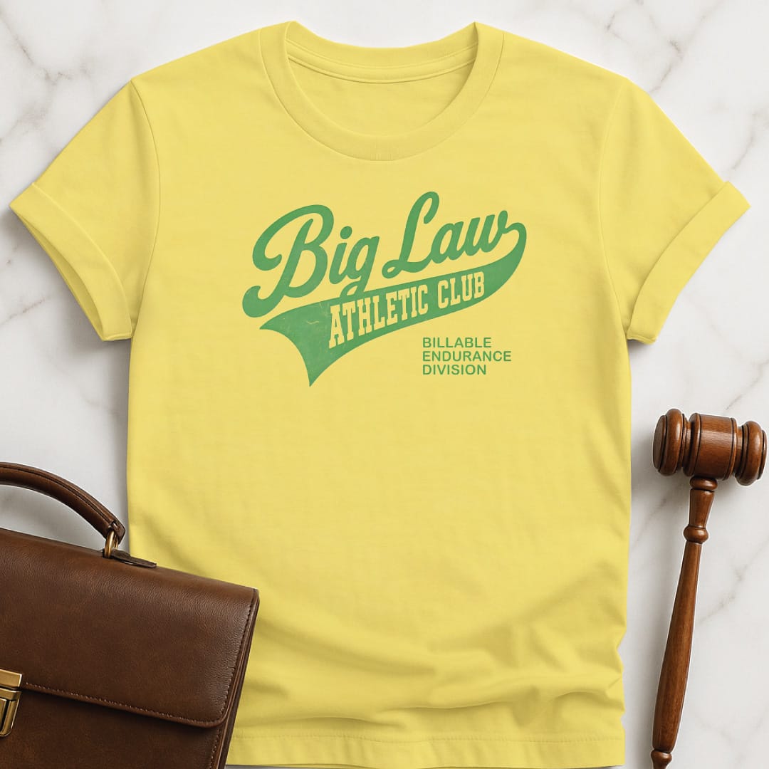 cool law school grad graphic t shirt that says Big Law Athletics Billable Endurance Division featuring athletic font in yellow