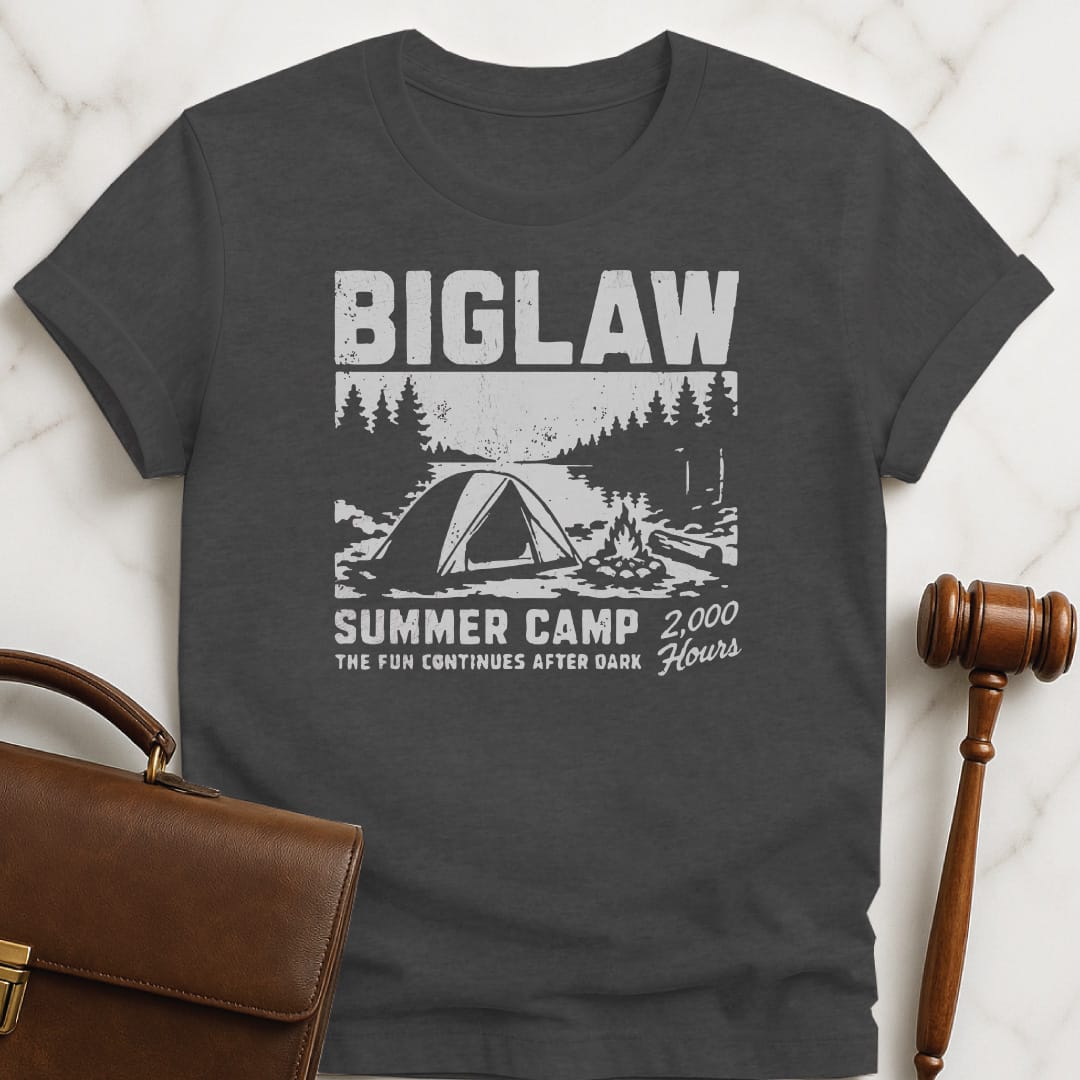 funny law school graphic tshirt that says Big Law Summer Camp 2000 Hours The featuring tent and campfire in the woods in grey