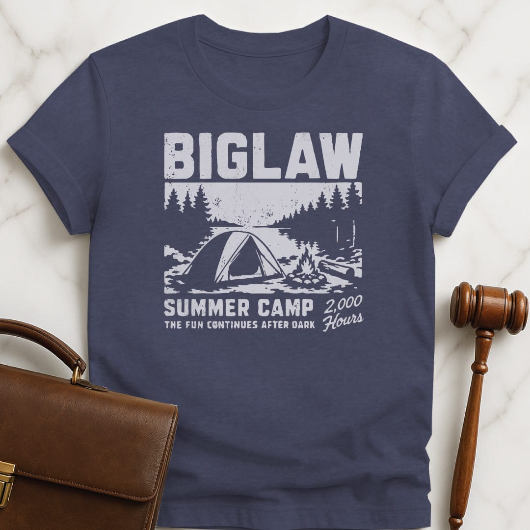 cool law student graphic tee that says Big Law Summer Camp 2000 Hours The featuring tent and campfire in the woods in heather blue
