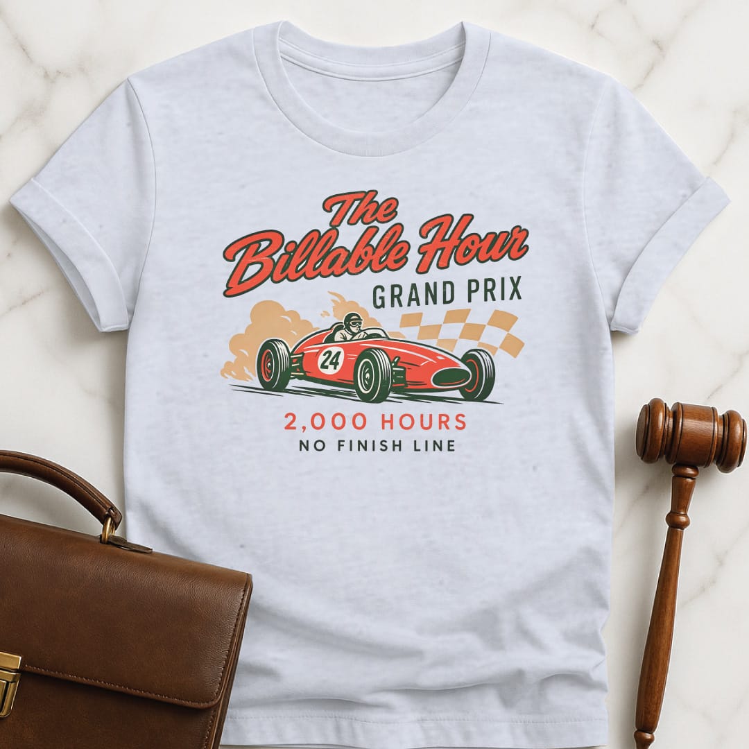 funny law grad graphic t-shirt that says The Billable Hour Grand Prix 2000 Hours No Finish Line in grey