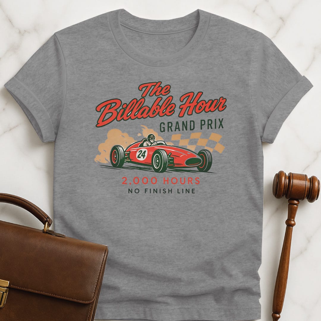 funny new lawyer t-shirt that says The Billable Hour Grand Prix 2000 Hours No Finish Line in grey