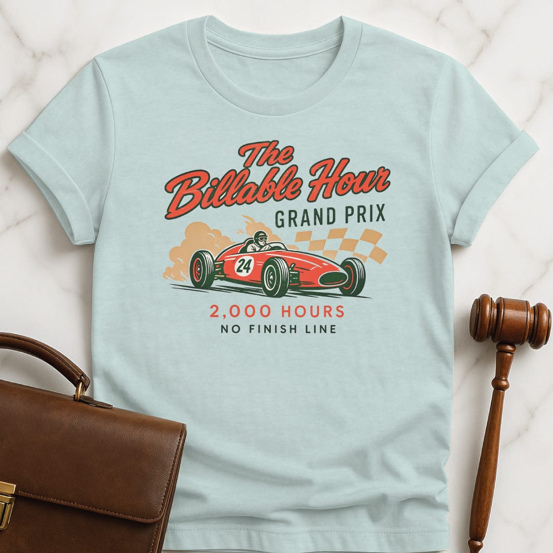 cool law school grad graphic t shirt that says The Billable Hour Grand Prix 2000 Hours No Finish Line in heather blue