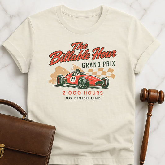 funny lawyer tshirt that says The Billable Hour Grand Prix 2000 Hours No Finish Line in cream