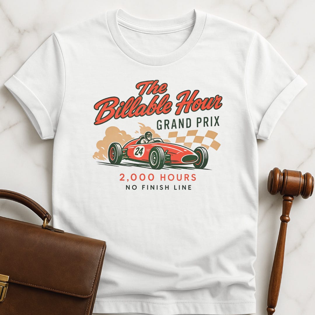 cool attorney tee that says The Billable Hour Grand Prix 2000 Hours No Finish Line in white
