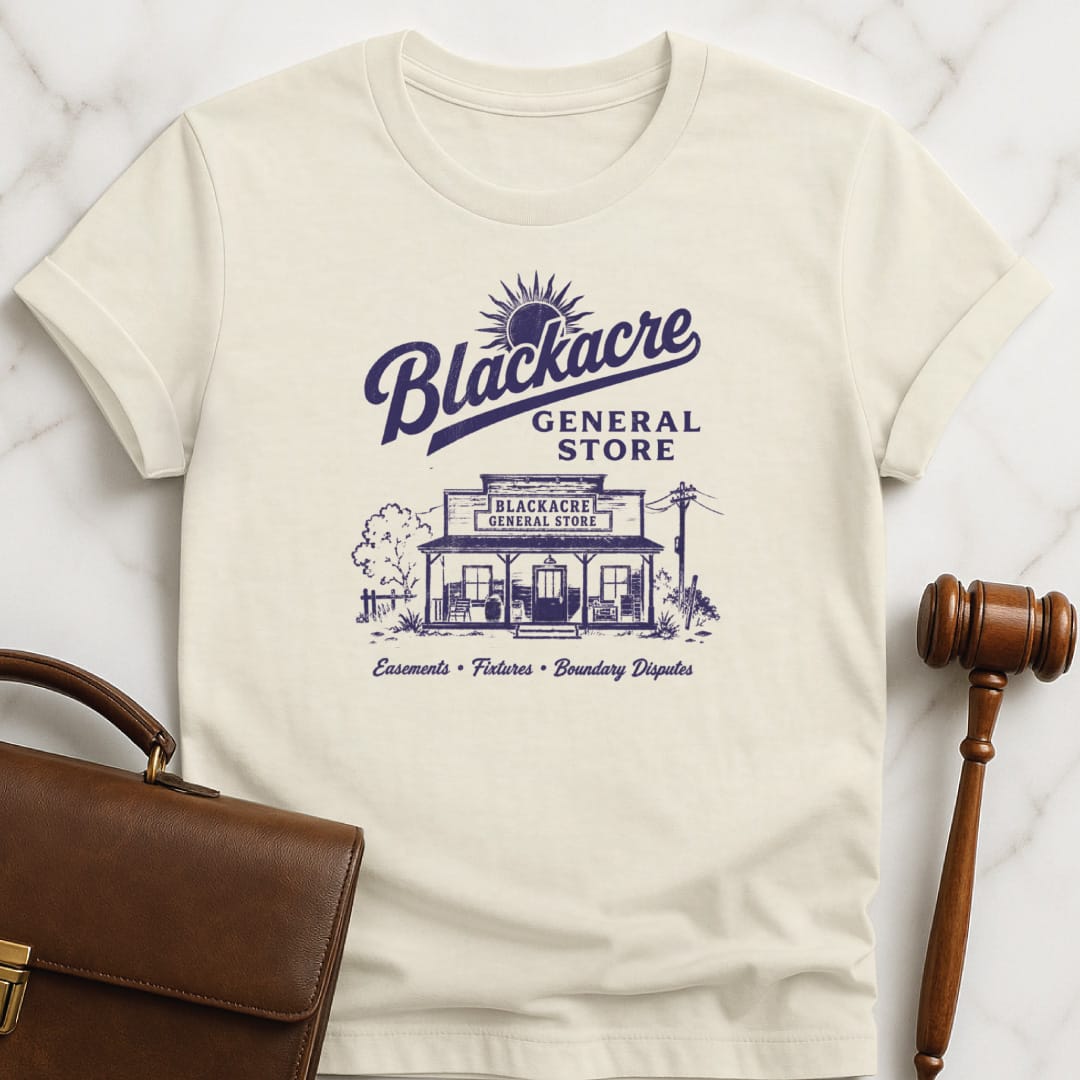 funny lawyer graphic t-shirt that says Blackacre general store easements fixtures boundary disputes featuring rural general store in cream