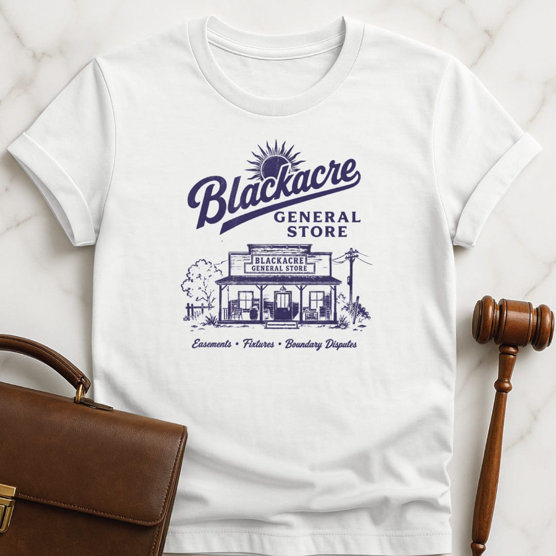 awesome attorney graphic t shirt that says Blackacre general store easements fixtures boundary disputes featuring rural general store in white