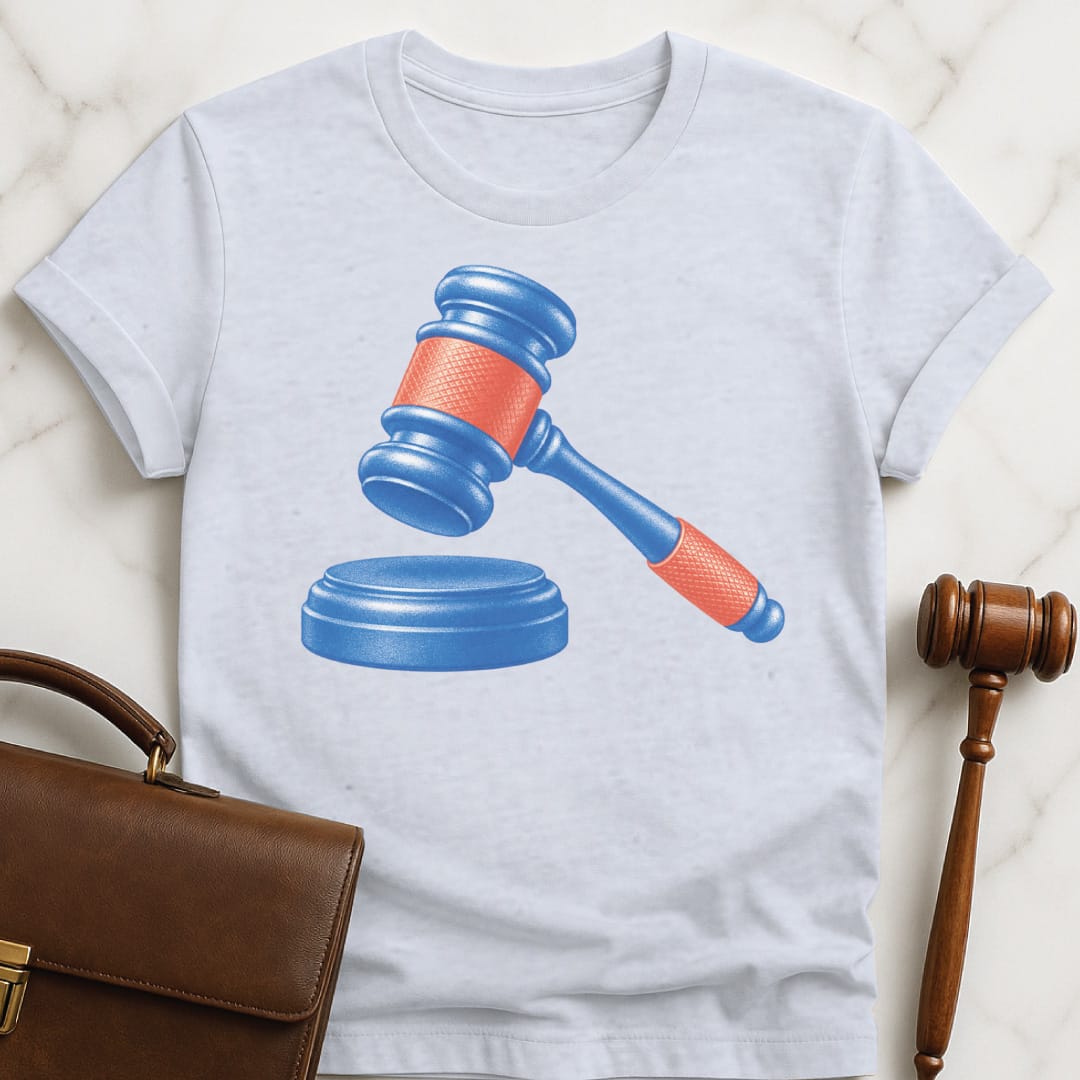 trendy law school grad t shirt that says blue and red gavel in grey