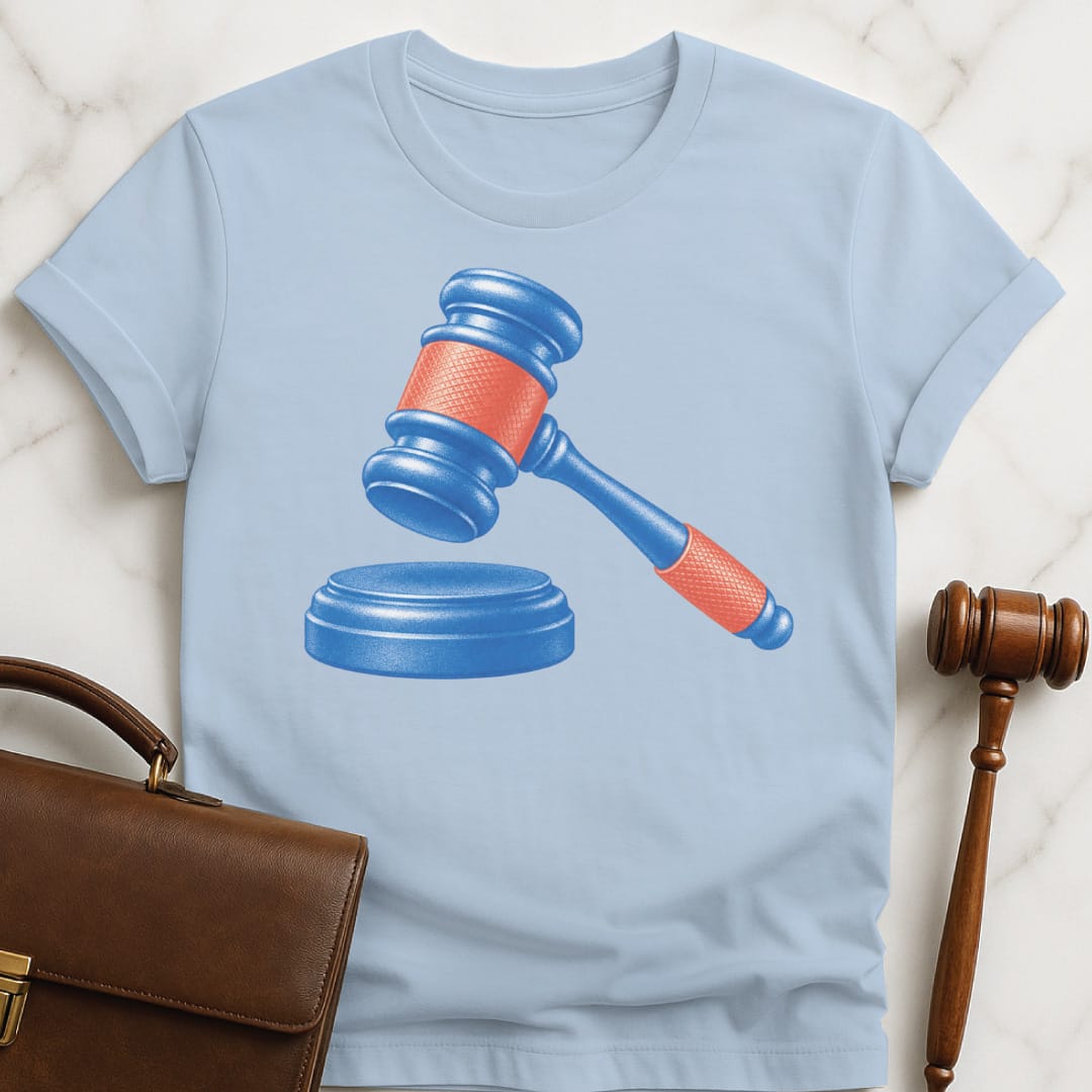 cool lawyer graphic t-shirt that says blue and red gavel in blue