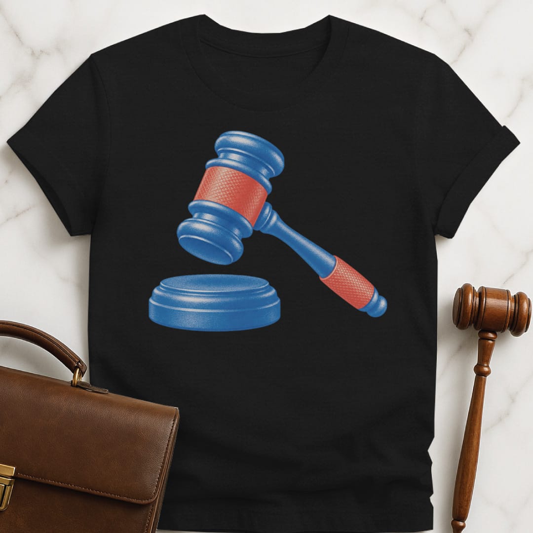 trendy attorney graphic t shirt that says blue and red gavel in black