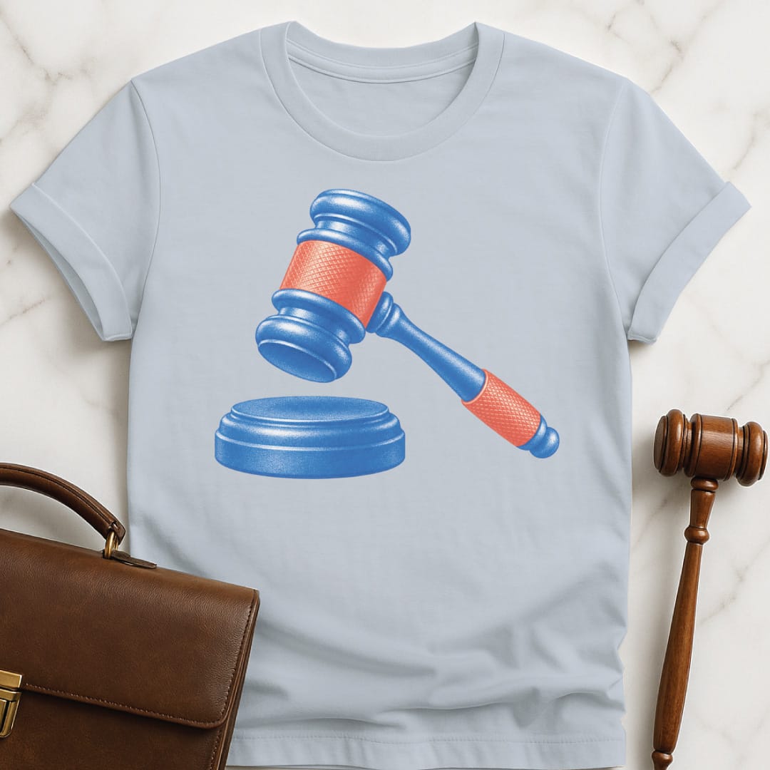 cool law school graphic tshirt that says blue and red gavel in blue