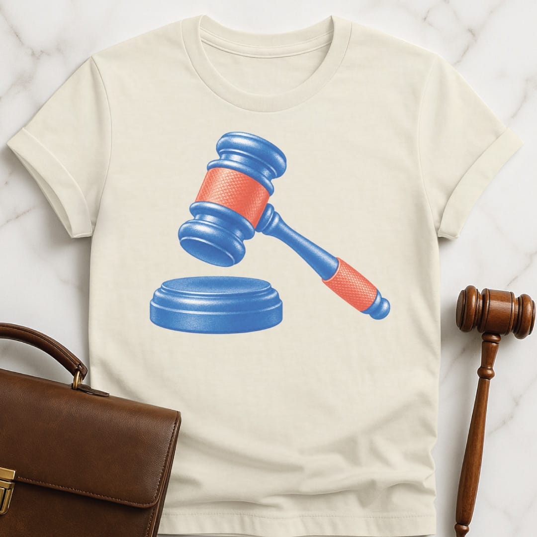 trendy law student graphic tee that says blue and red gavel in cream