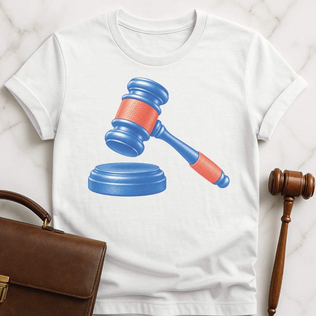 cool law grad t-shirt that says blue and red gavel in white