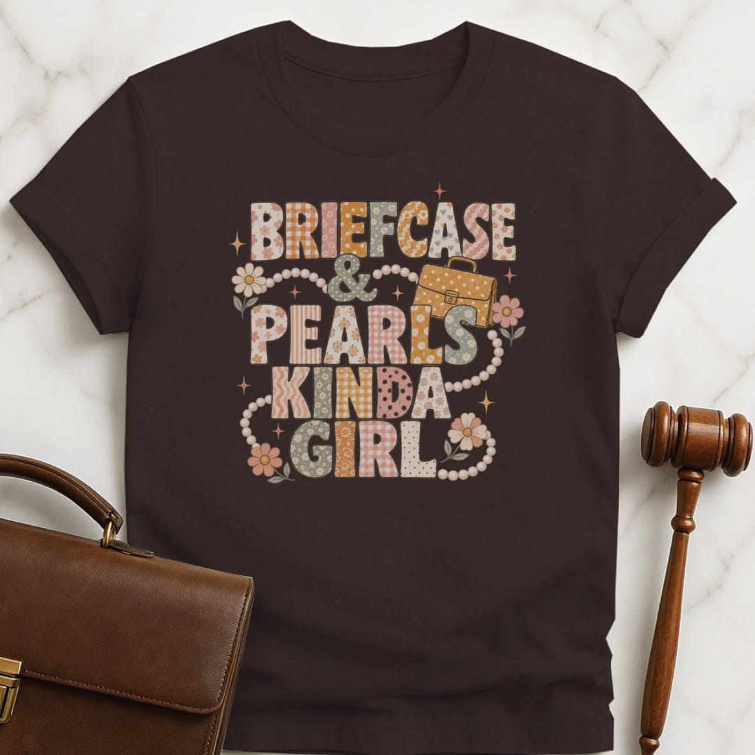 cool law school grad tee that says briefcase and pearls kinda girl featuring patterns and briefcase and flowers and pearls in brown