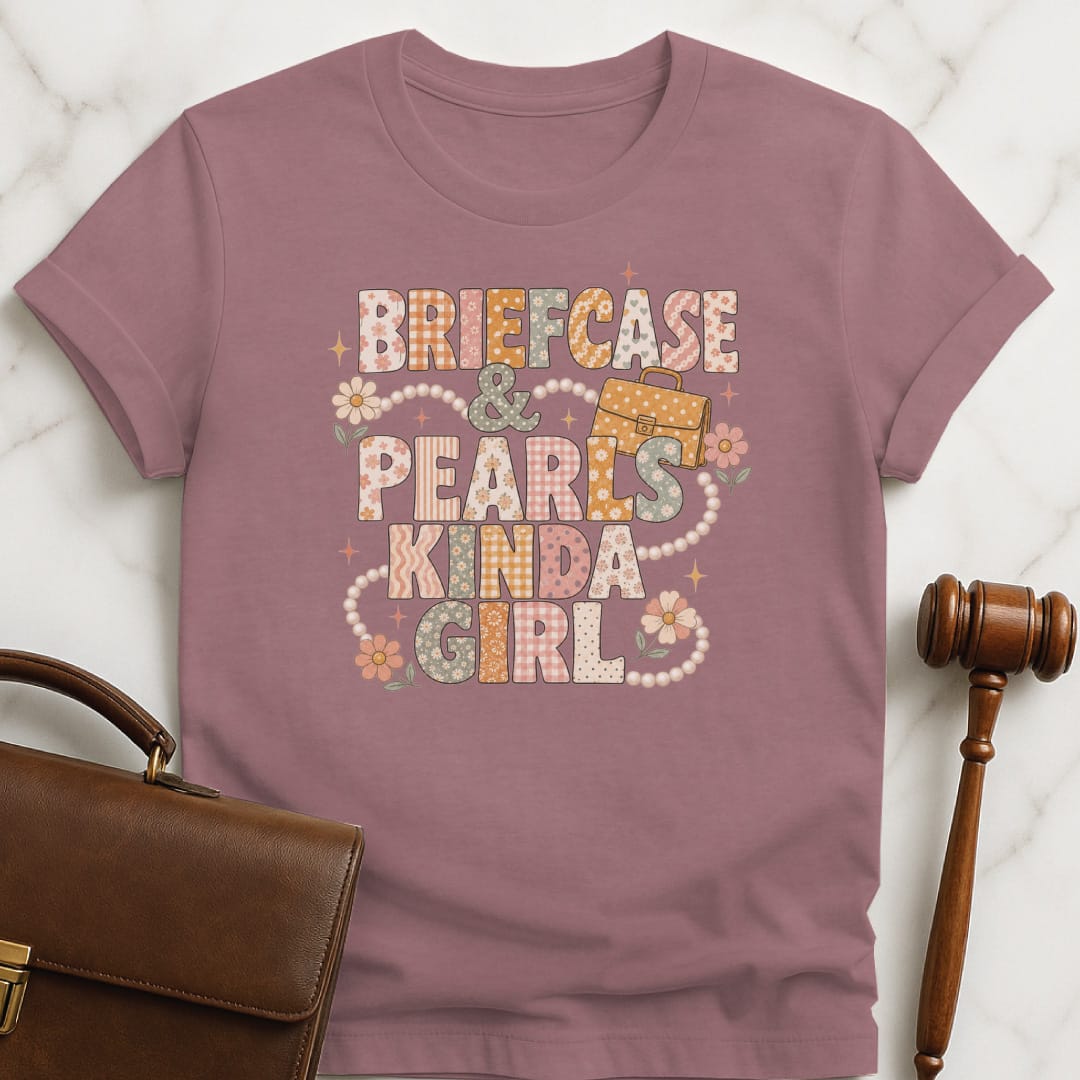 funny law school graduate graphic t-shirt that says briefcase and pearls kinda girl featuring patterns and briefcase and flowers and pearls in heather mauve
