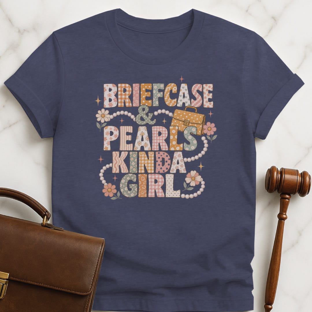 cool attorney graphic tee that says briefcase and pearls kinda girl featuring patterns and briefcase and flowers and pearls in heather blue