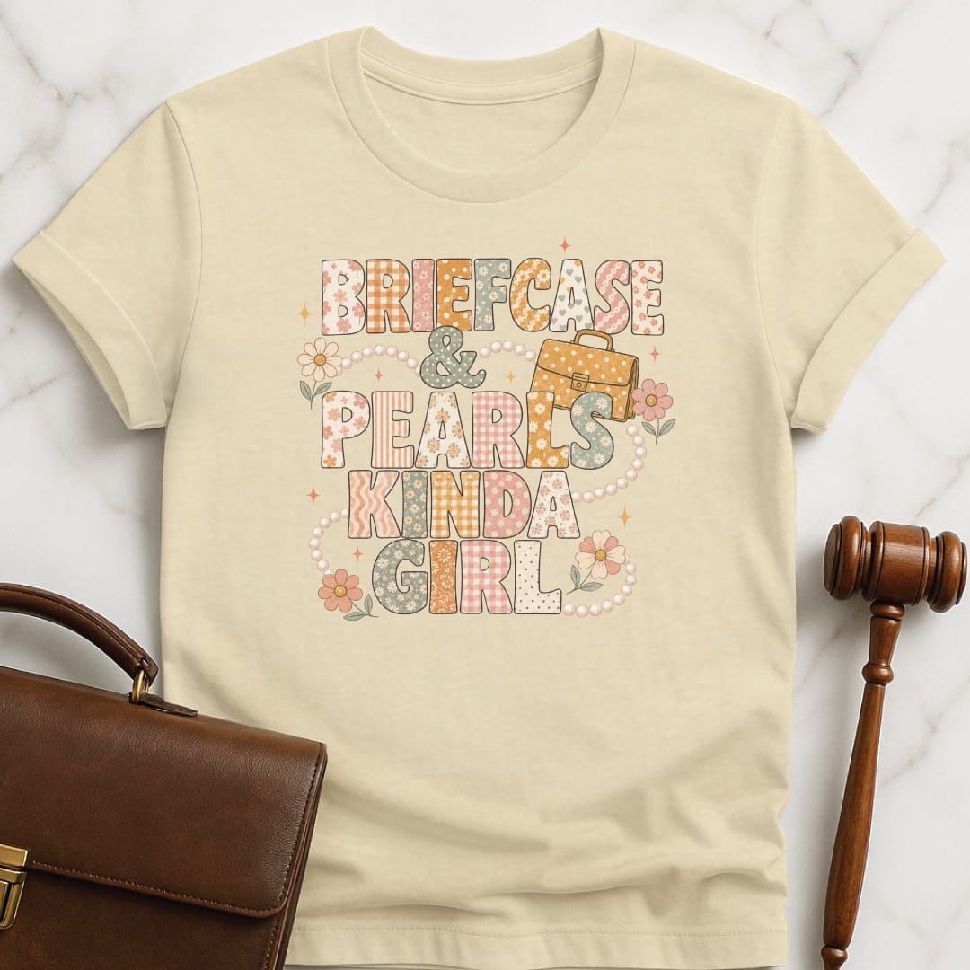 funny law school t-shirt that says briefcase and pearls kinda girl featuring patterns and briefcase and flowers and pearls in cream