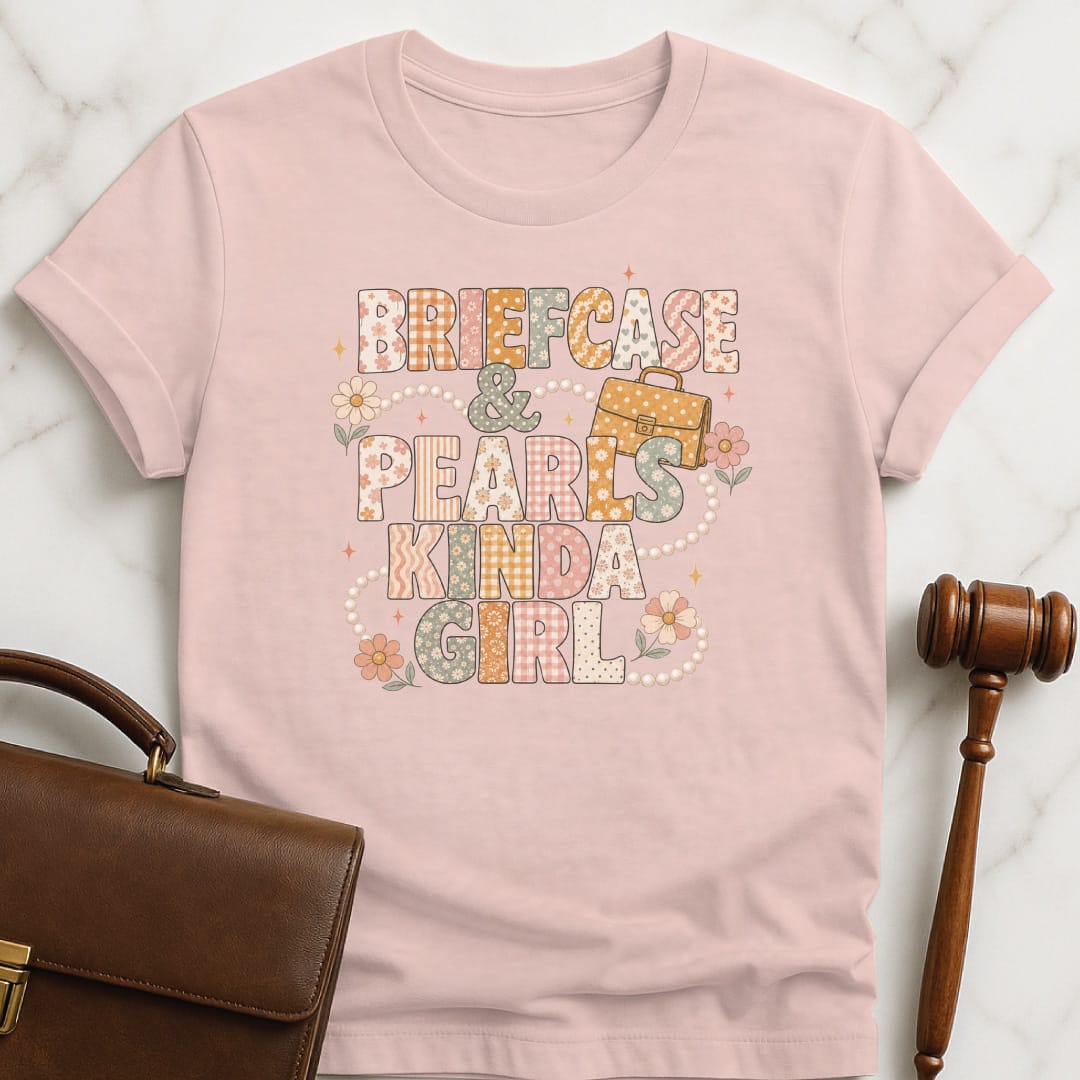 cool law student t shirt that says briefcase and pearls kinda girl featuring patterns and briefcase and flowers and pearls in pink