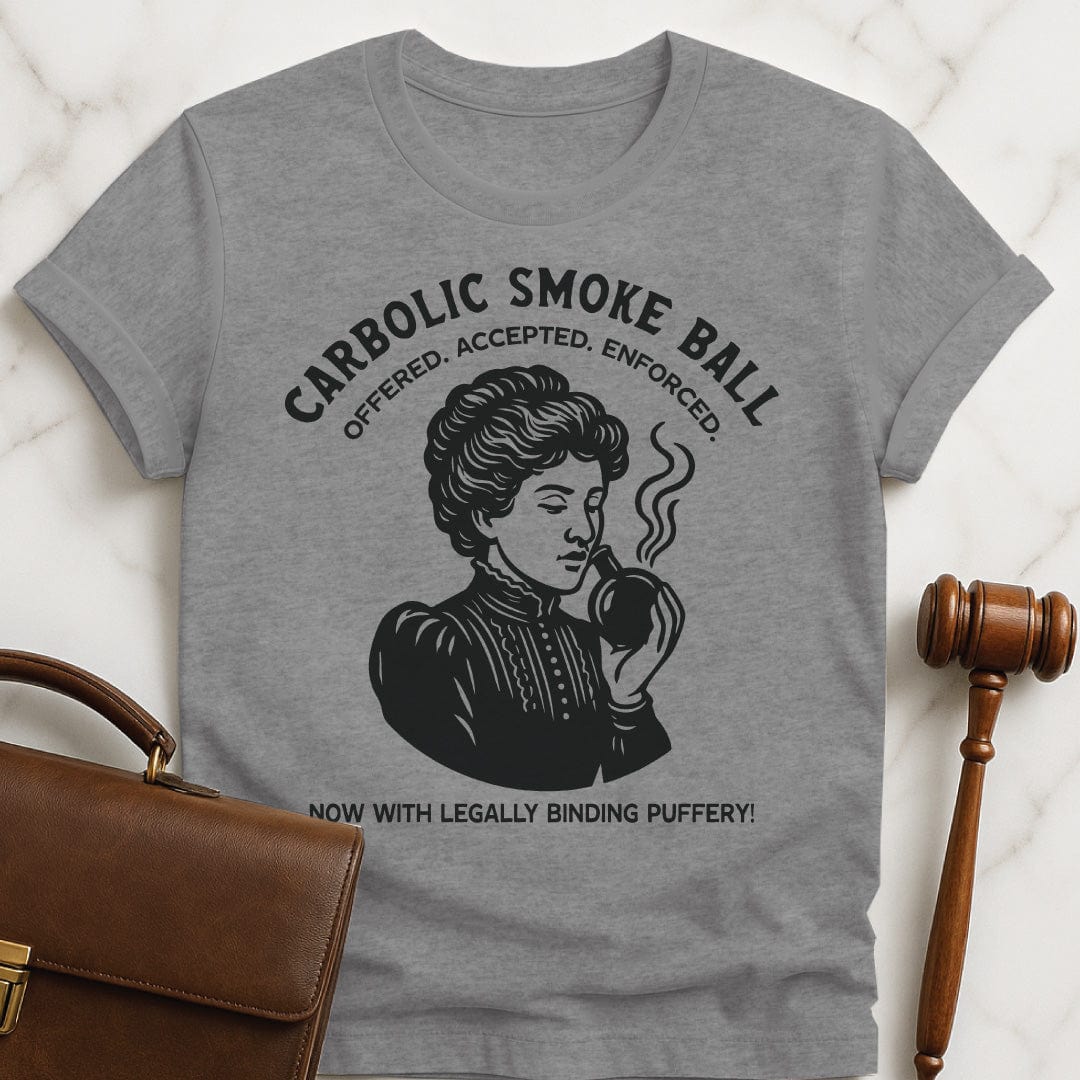 funny law school grad graphic tshirt that says carbolic smoke ball offered accepted enforced now featuring an old fashioned woman sniffing a ball in grey