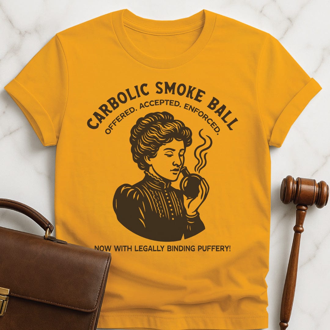 funny law student graphic t-shirt that says carbolic smoke ball offered accepted enforced now featuring an old fashioned woman sniffing a ball in orange