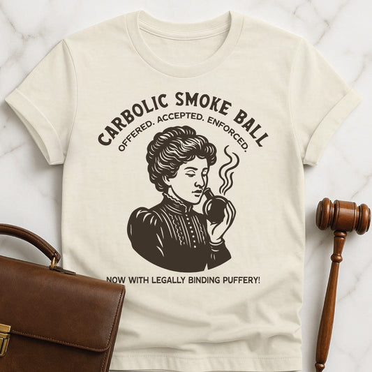 nerdy law school graphic tee that says carbolic smoke ball offered accepted enforced now featuring an old fashioned woman sniffing a ball in cream
