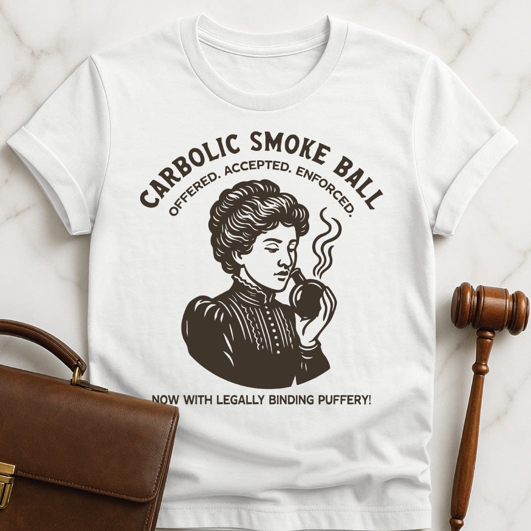 funny law graduate t-shirt that says carbolic smoke ball offered accepted enforced now featuring an old fashioned woman sniffing a ball in white