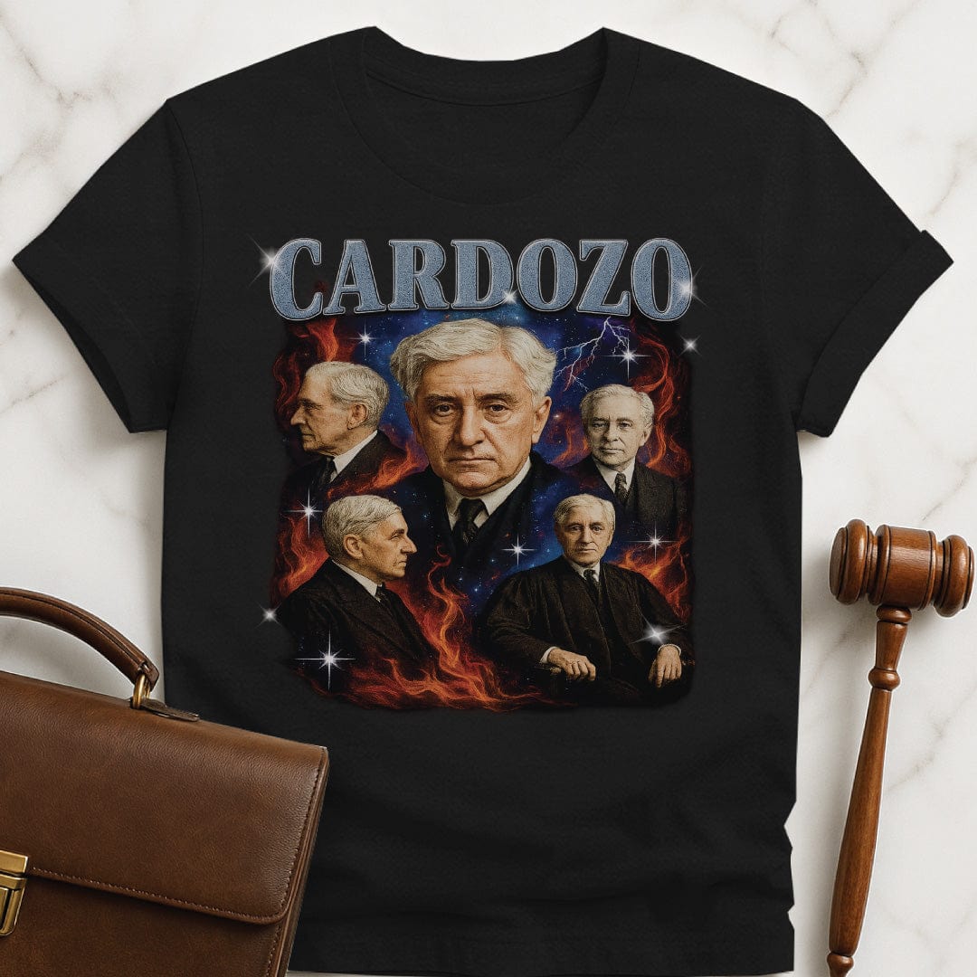 cool law school graphic tee that says Cardozo featuring Judge Benjamin Cardozo in bootleg style in black