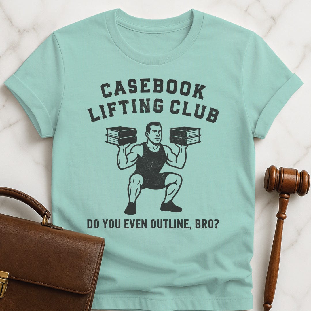 cool law school tee that says Casebook Lifting Club Do you even outline bro featuring bodybuilder lifting casebooks in heather green