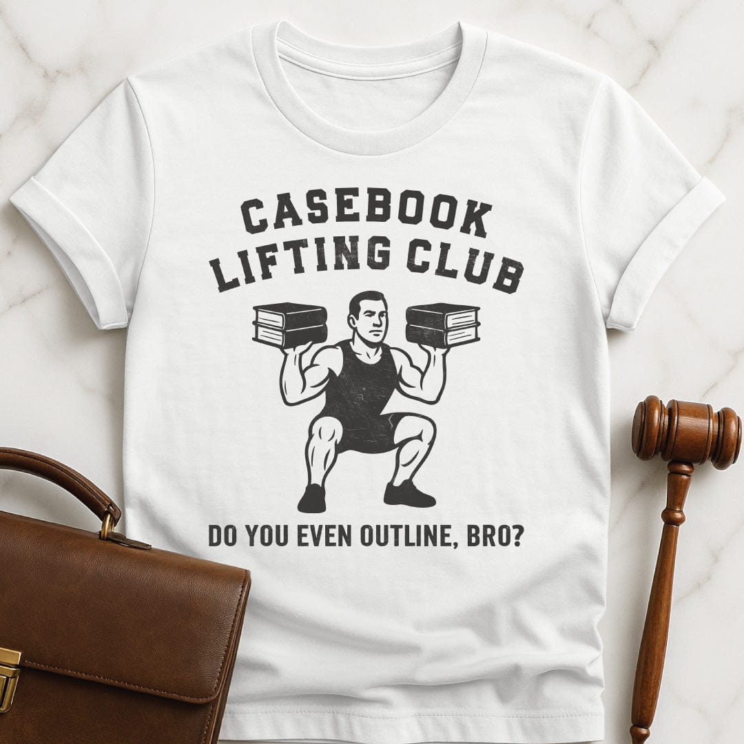 cool law school t shirt that says Casebook Lifting Club Do you even outline bro featuring bodybuilder lifting casebooks in white
